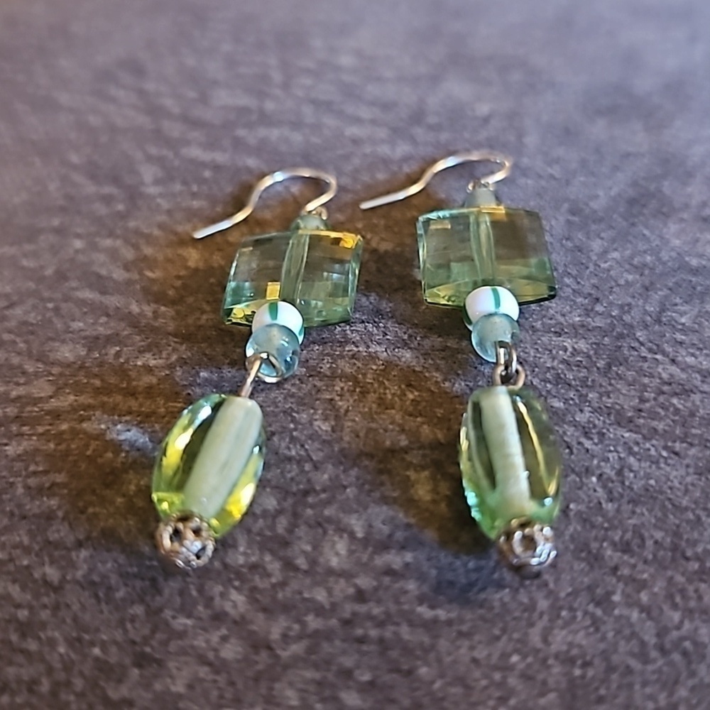 3/$30 HANDMADE Lime Green Beaded Dangle Hook Earrings - Picture 3 of 3